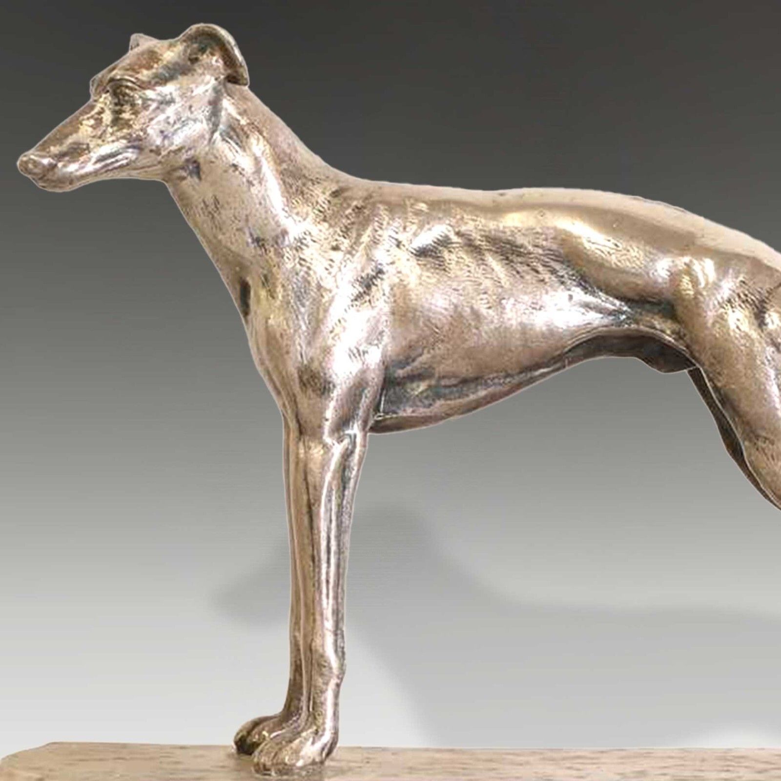 Art Deco Silver Plated Bronze Lge Greyhound On Ebony & Thuya Wood Base  31cm L photo Art