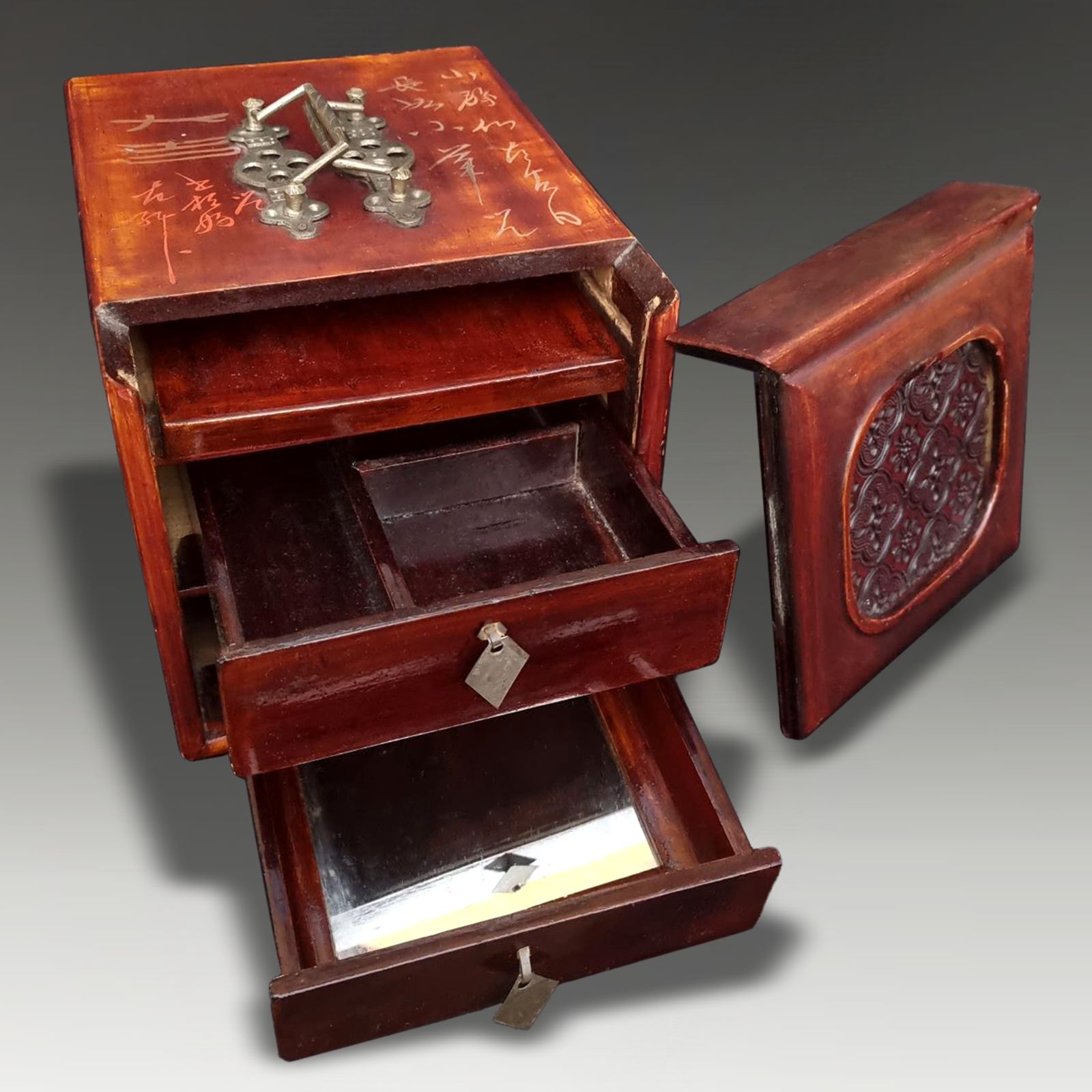 Antique Chinese Qing Dynasty Travelling Jewellery Case W Calligraphy Late 19th C