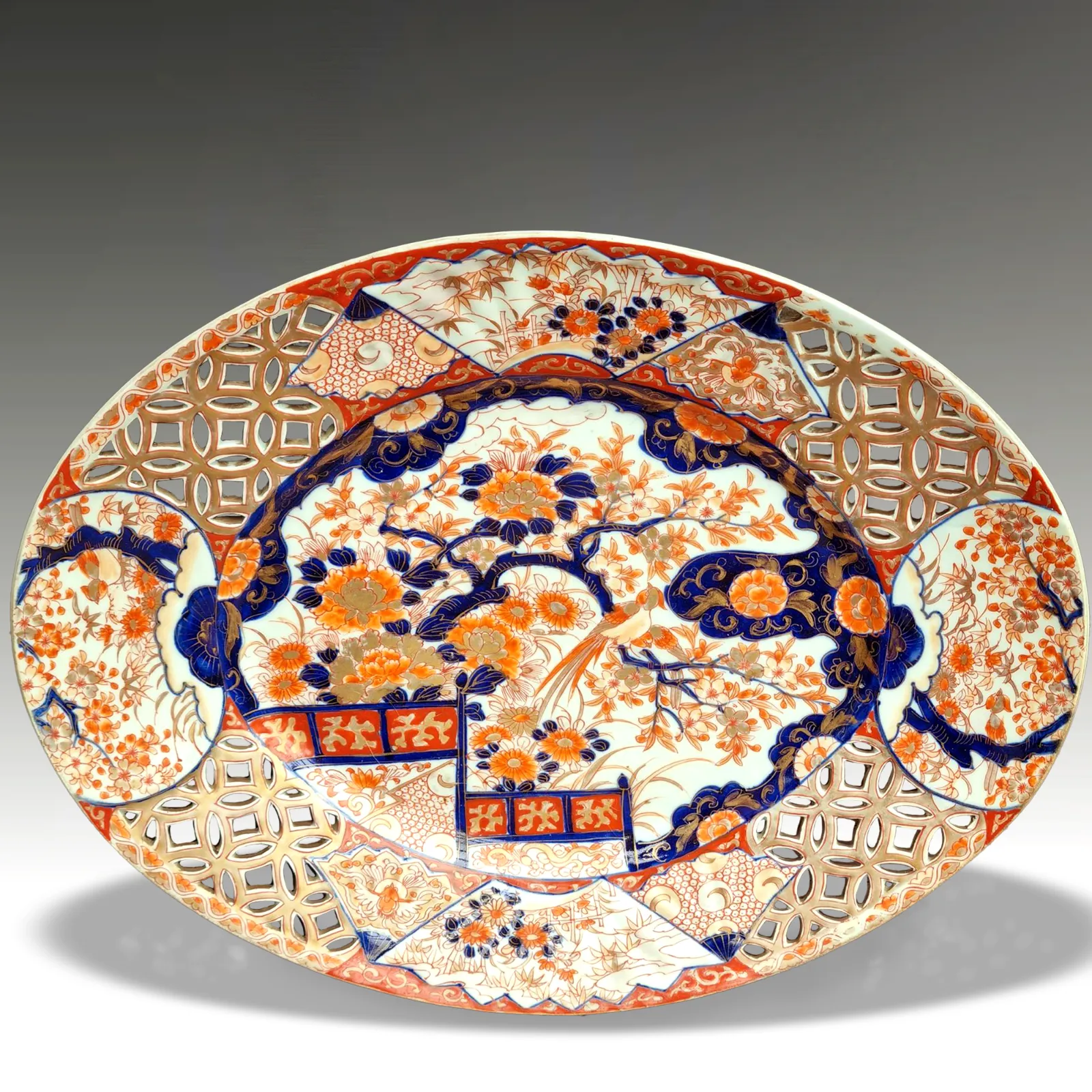 Japanese Meiji Period Large Pierced Oval Charger Imari Dish  Superb Quality 40cm photo furniture