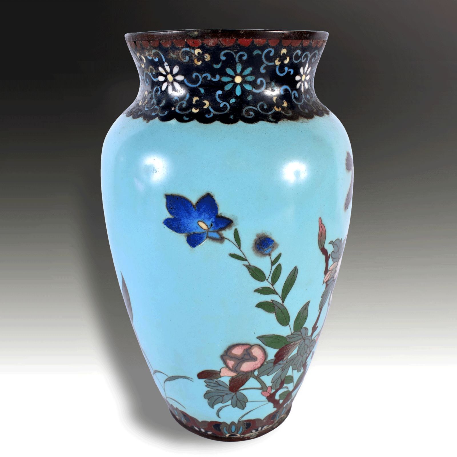 Japanese Cloisonne Large Vase  Meiji Period  Pale Blue Ground  Superb  24cm H photo Home Decor