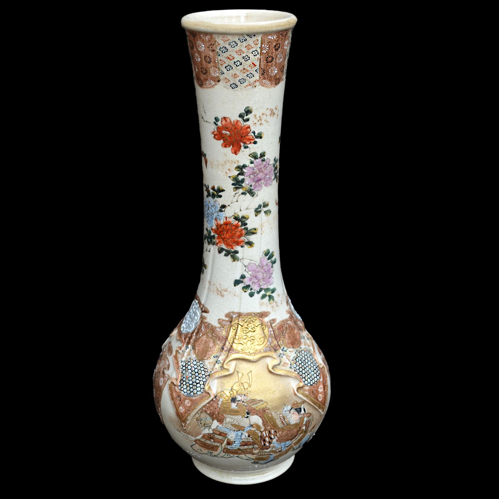 Antique Japanese Satsuma Tall Vase  Unusual Design  Meiji  Kyo Satsuma 41cm H photo for sale