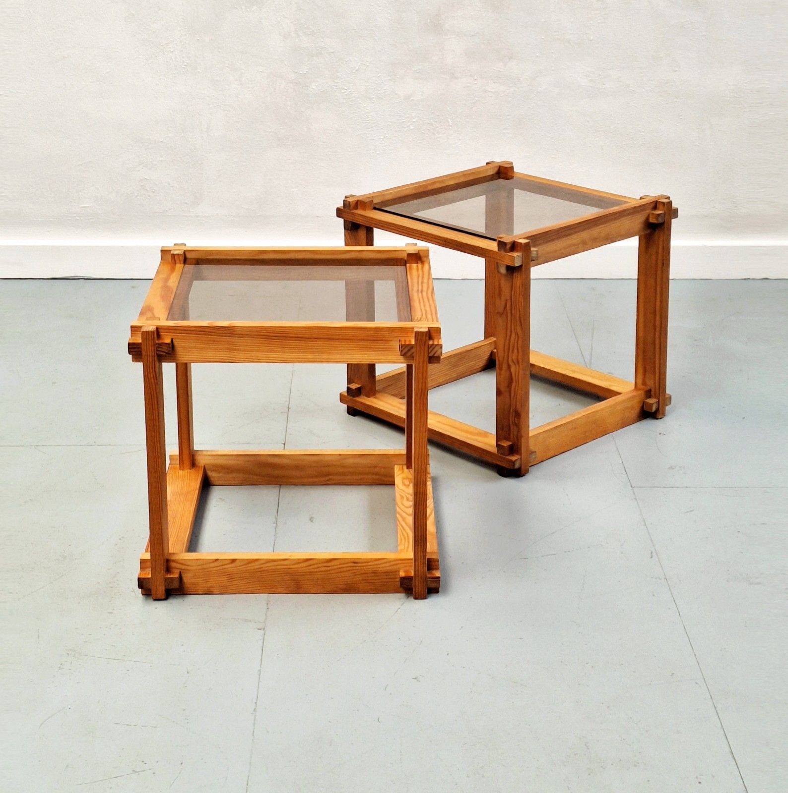 Pair Of Vintage Pine Cubes With Smoked Glass Tops 70s