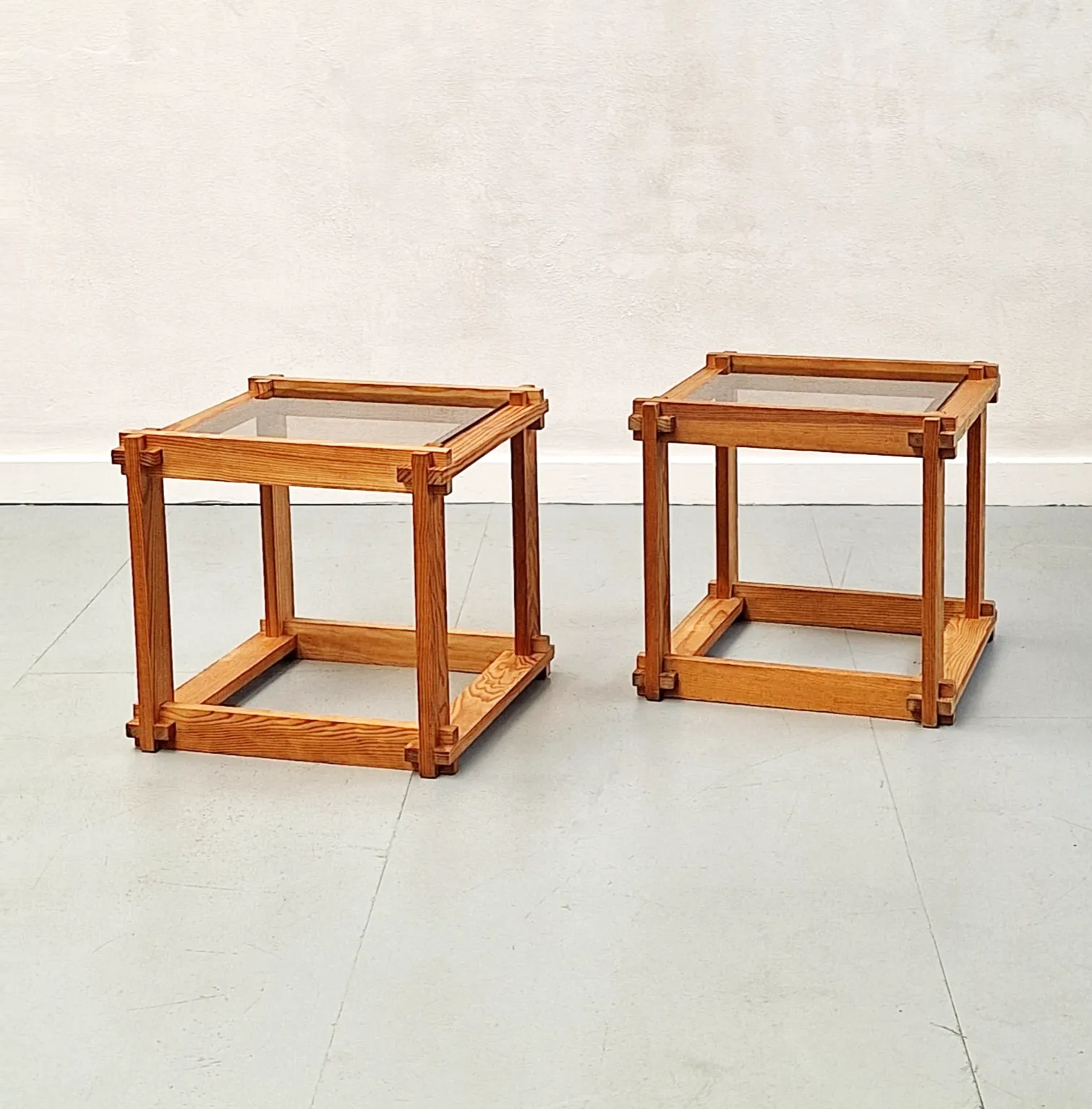 Pair Of Vintage Pine Cubes With Smoked Glass Tops 70s photo for sale