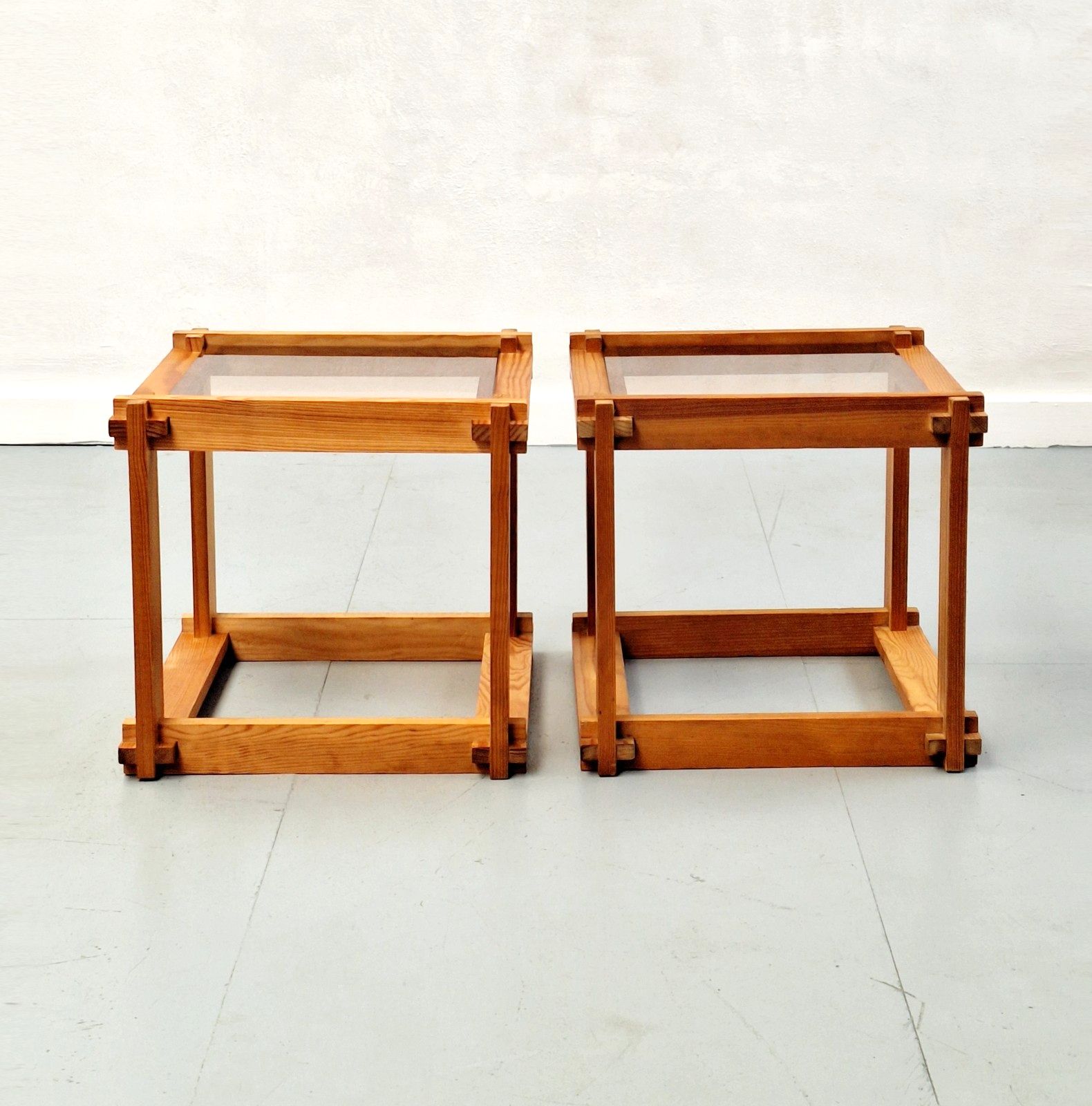 Pair Of Vintage Pine Cubes With Smoked Glass Tops 70s photo vinterior