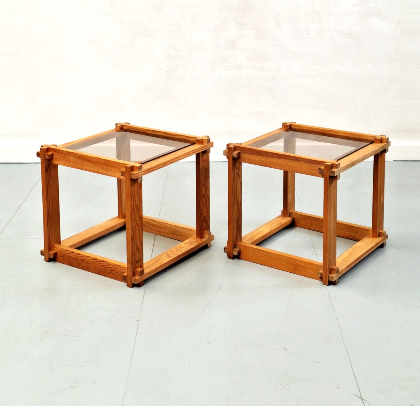 photo vintage Pair Of Vintage Pine Cubes With Smoked Glass Tops 70s