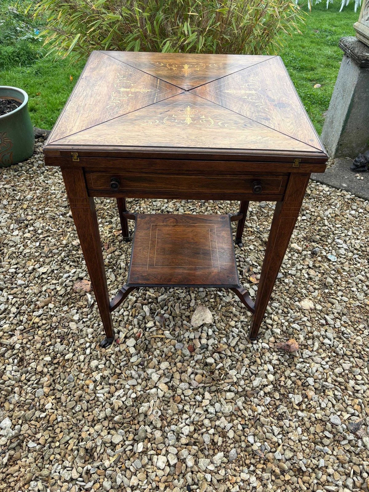Antique Edwardian Rosewood Marquetry Inlaid Envelope Games Card Table 1900s