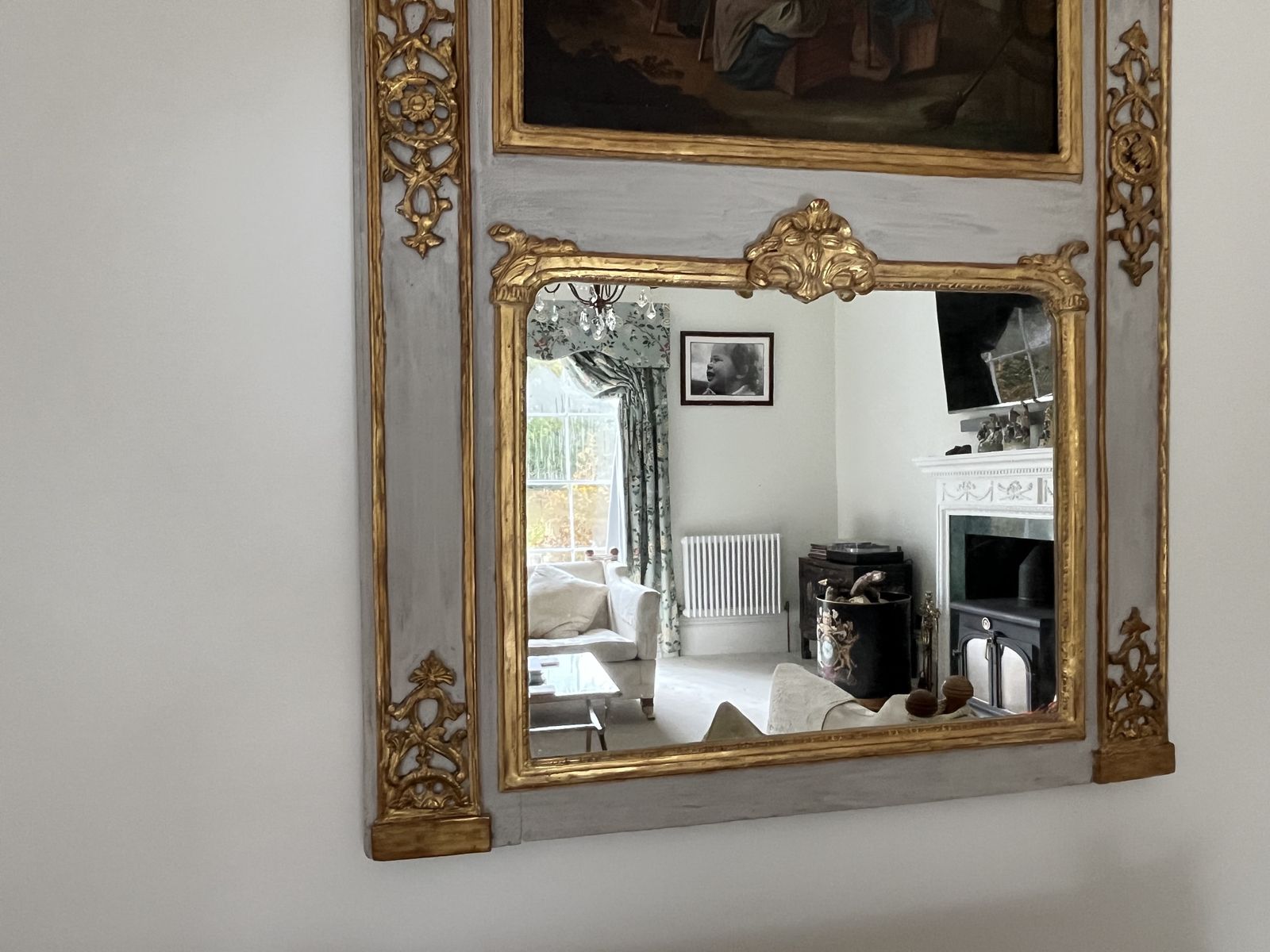 photo furniture Pair Exquisite Large Trumeau Grey And Gilt Wall Mirrors With Oil Paintings Of Pastoral Scenes