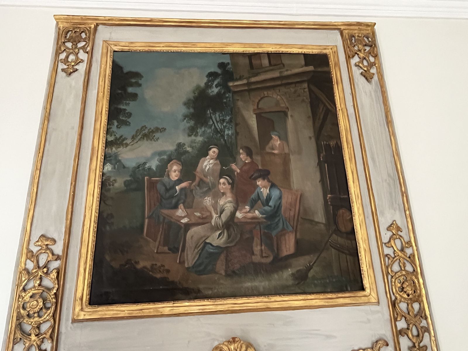 photo for sale Pair Exquisite Large Trumeau Grey And Gilt Wall Mirrors With Oil Paintings Of Pastoral Scenes