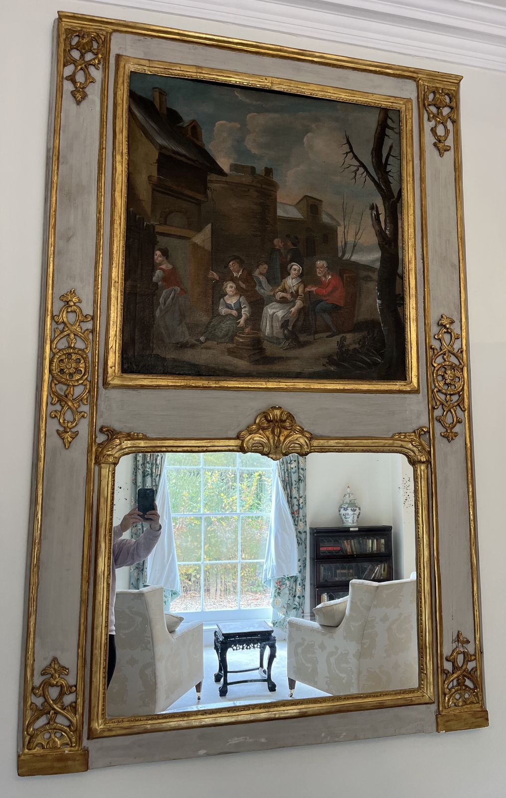 Home Decor Pair Exquisite Large Trumeau Grey And Gilt Wall Mirrors With Oil Paintings Of Pastoral Scenes photo