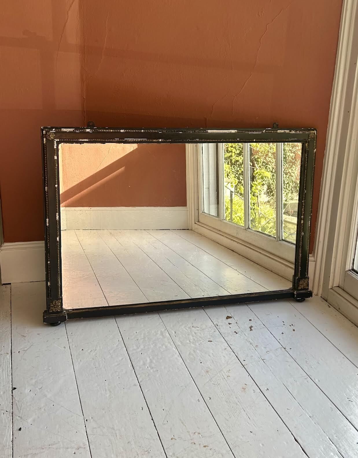 Antique French Distressed Black And Gold Overmantel Mirror