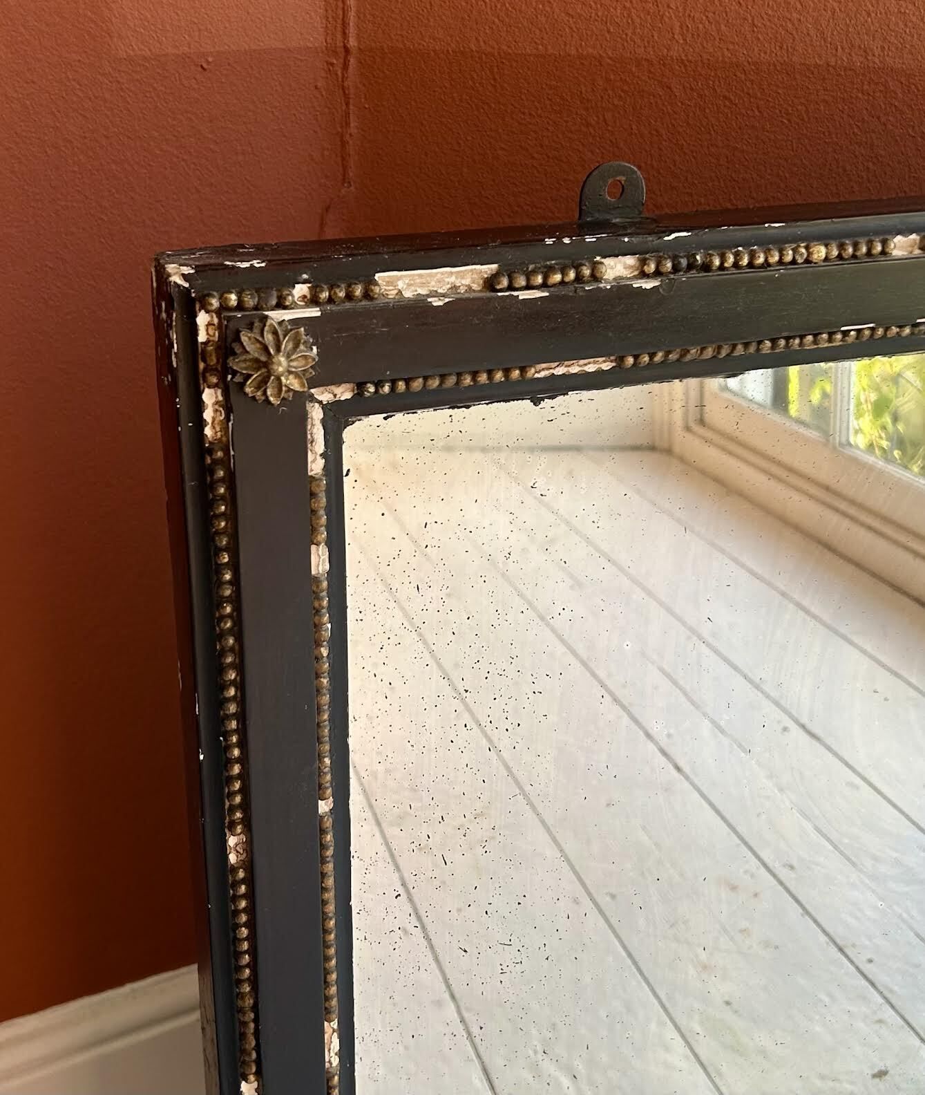 Antique French Distressed Black And Gold Overmantel Mirror photo for sale