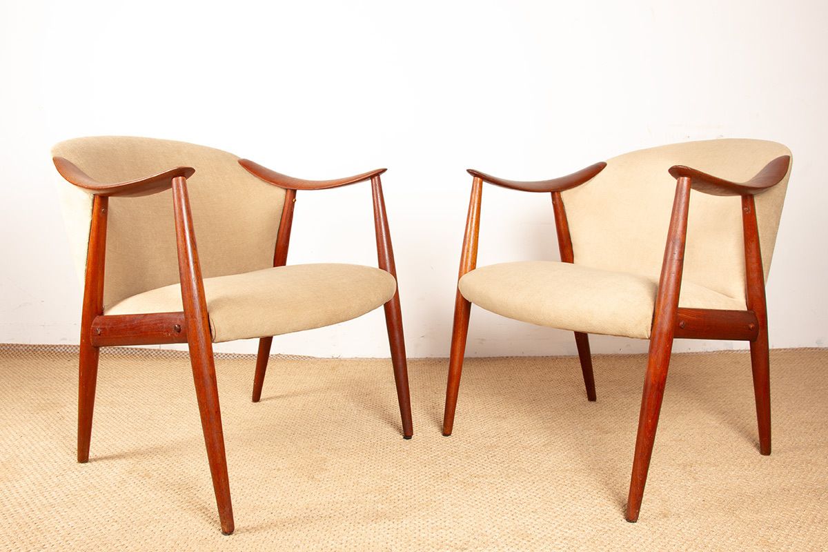 Pair Of Scandinavian Armchairs In Teak And Fabric, New Tyrol Model By Gerhard Berg For Westnofa 1960.