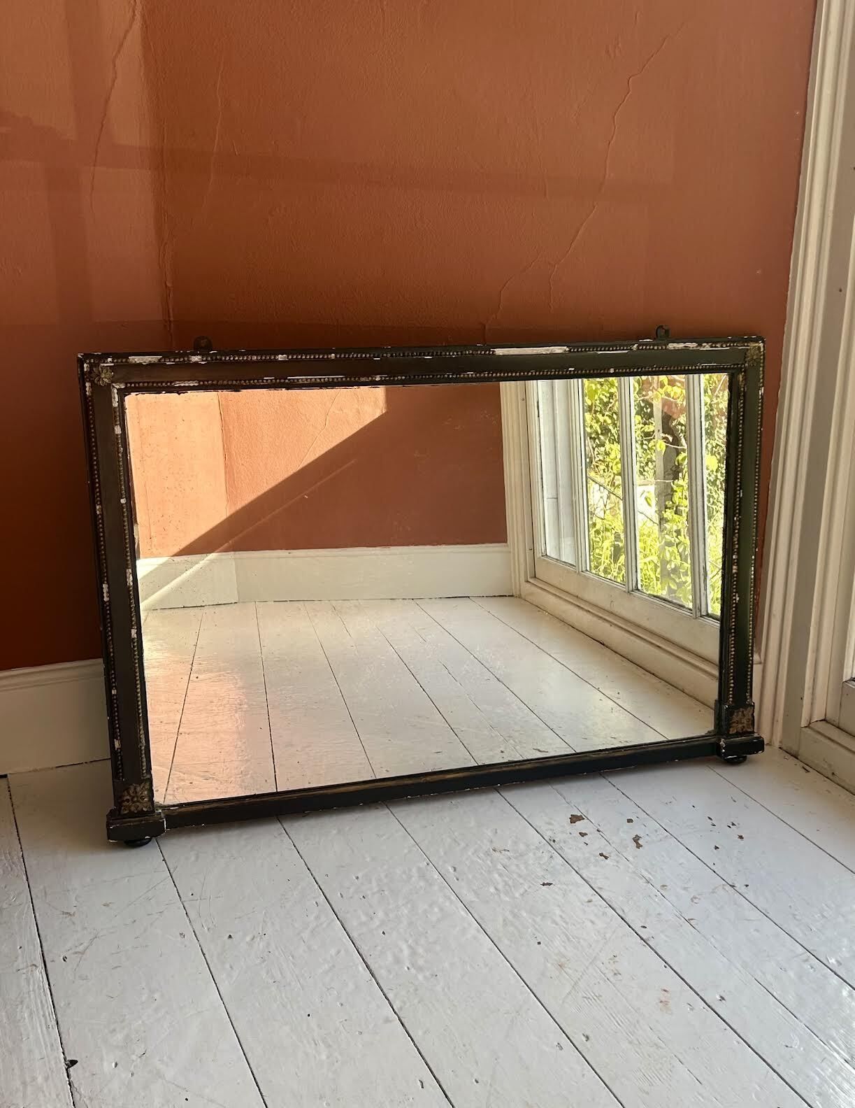 Antique French Distressed Black And Gold Overmantel Mirror photo 400.0
