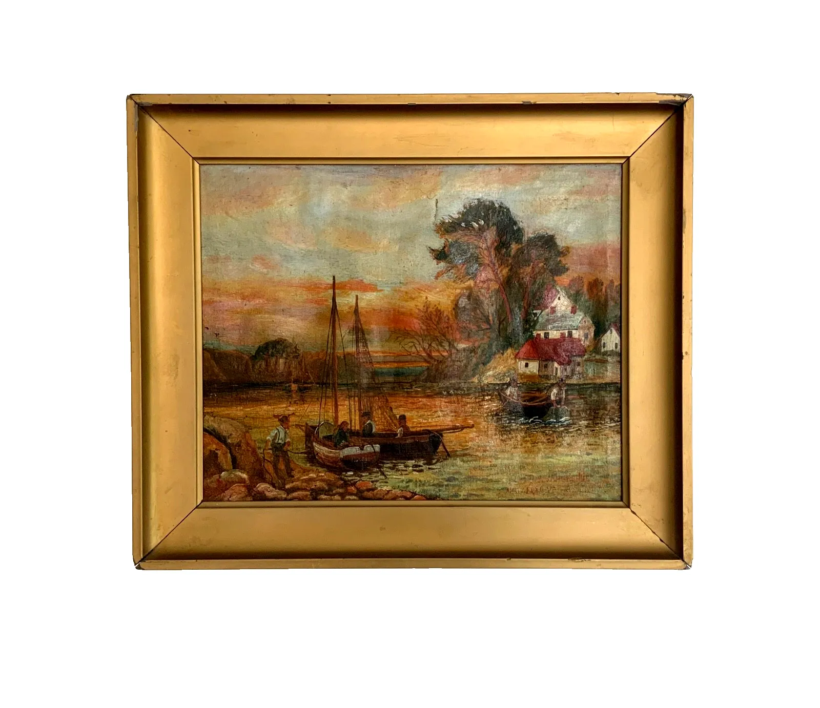 Antique Folk Art Oil On Canvas Fisherman’s Scene Landscape 19th Century