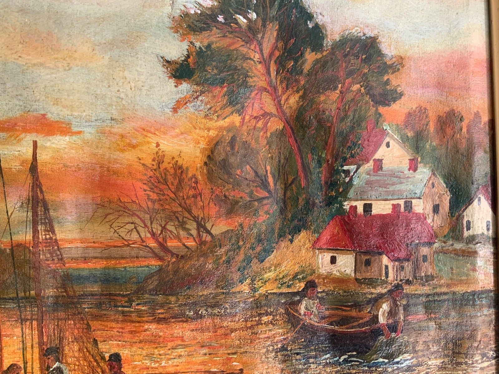 Antique Folk Art Oil On Canvas Fisherman’s Scene Landscape 19th Century photo 450.0