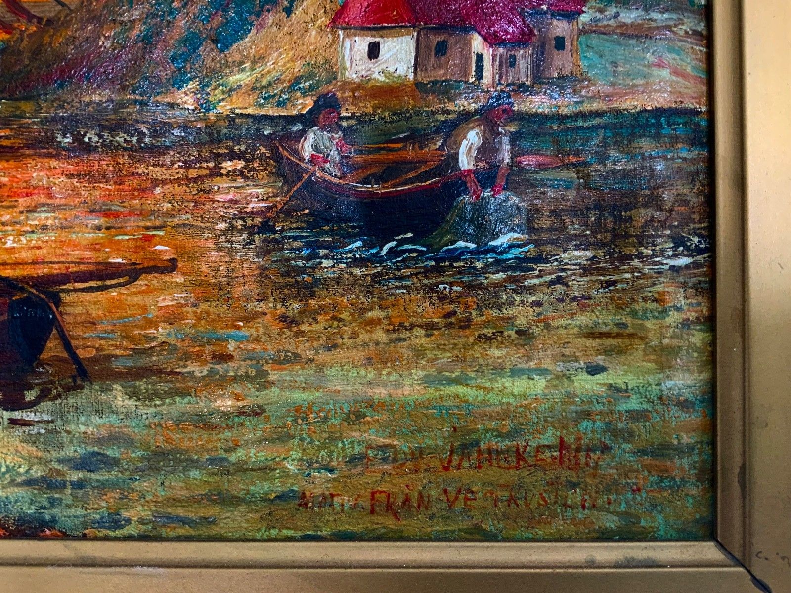 photo furniture Antique Folk Art Oil On Canvas Fisherman’s Scene Landscape 19th Century