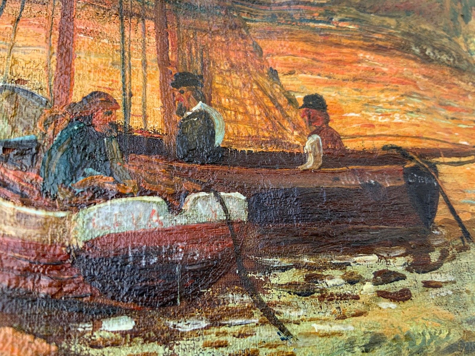 photo buy Antique Folk Art Oil On Canvas Fisherman’s Scene Landscape 19th Century