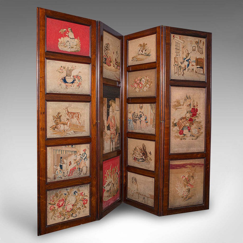 Large Antique 4 Panel Privacy Screen, English Room Divider, Needlepoint, Regency