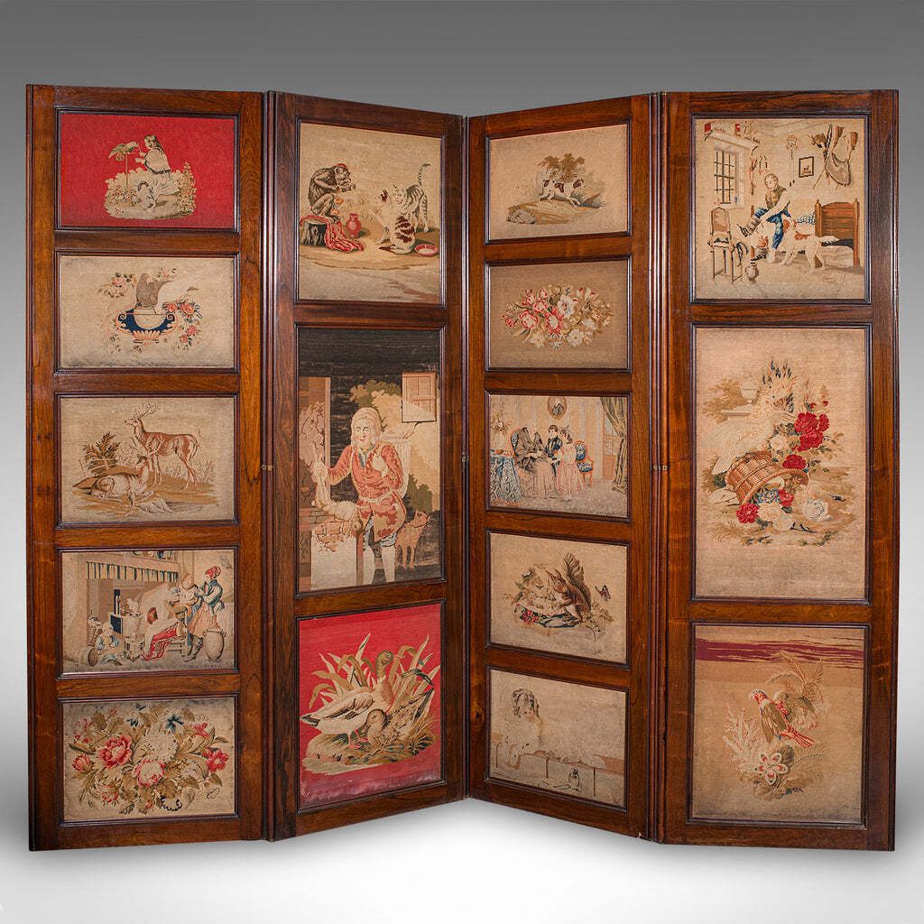 Large Antique 4 Panel Privacy Screen, English Room Divider, Needlepoint, Regency photo furniture