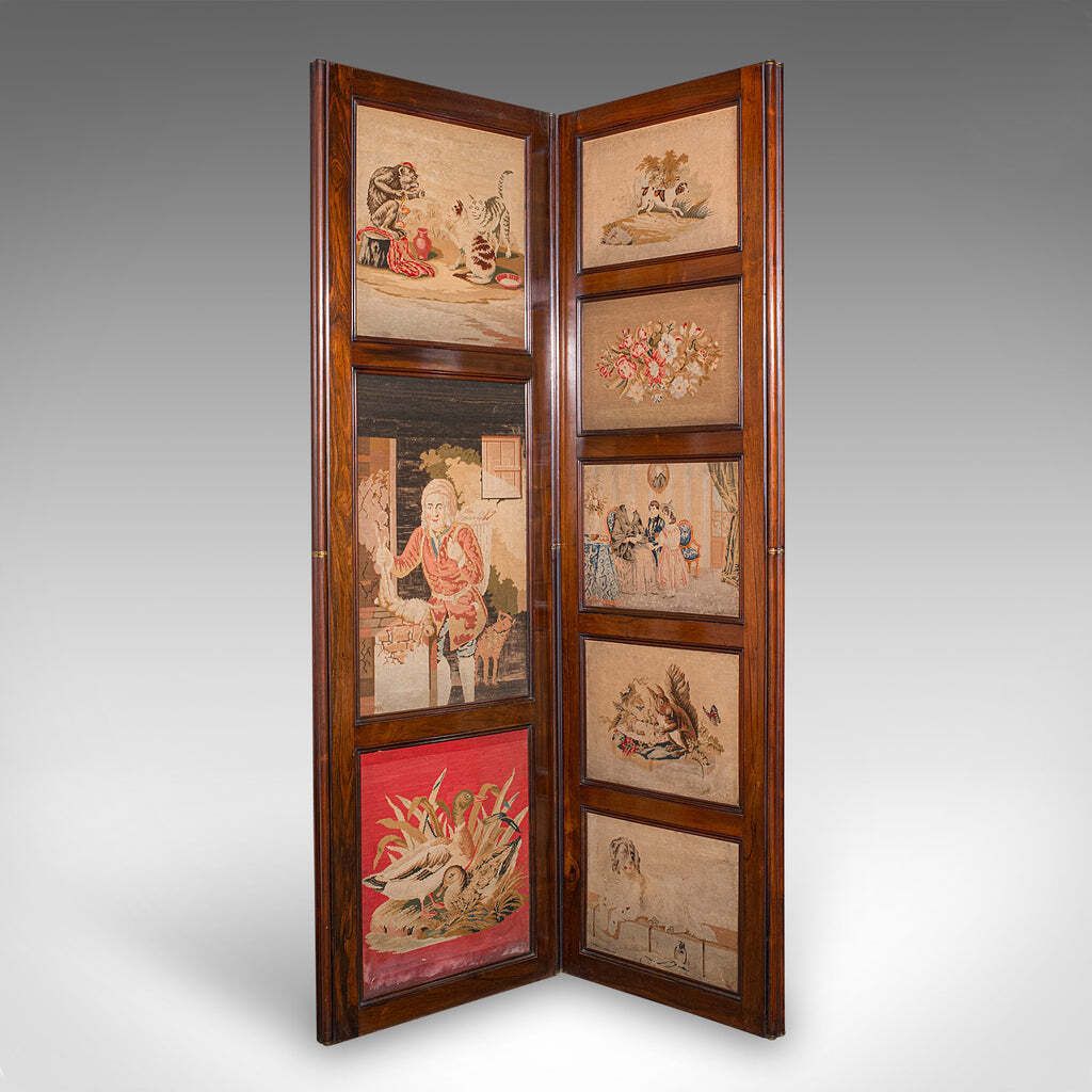 Large Antique 4 Panel Privacy Screen, English Room Divider, Needlepoint, Regency photo for sale