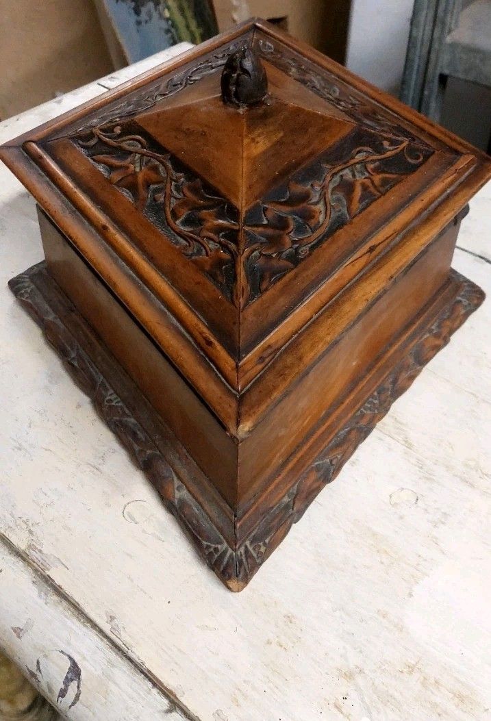 Antique Rhomboidal Carved Wood Cilegio Box 19th Century Italy photo for sale