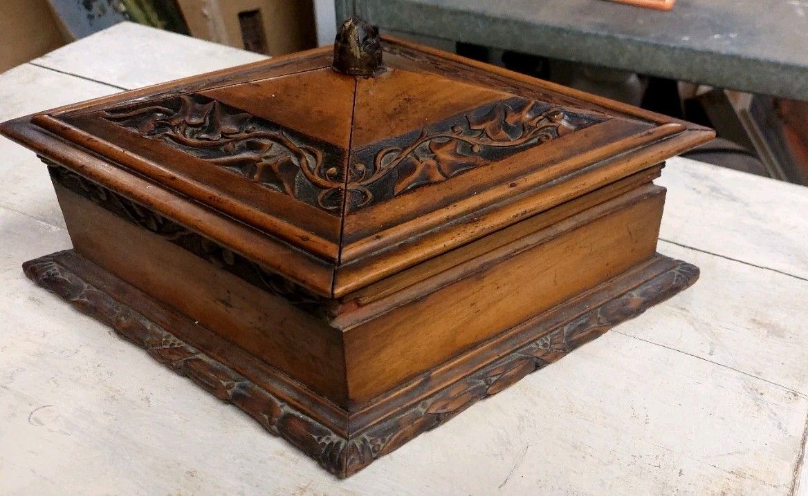 photo furniture Antique Rhomboidal Carved Wood Cilegio Box 19th Century Italy