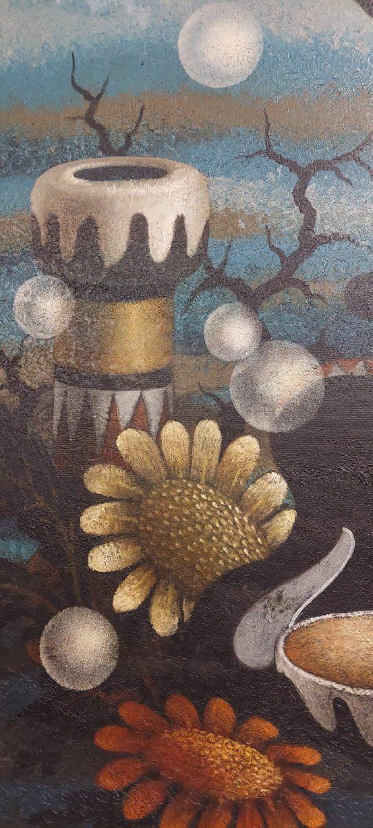 photo for sale Large Surrealist Oil Painting On Canvas By The Painter Gianfranco Rontani. Size 118 X 97 Cm.