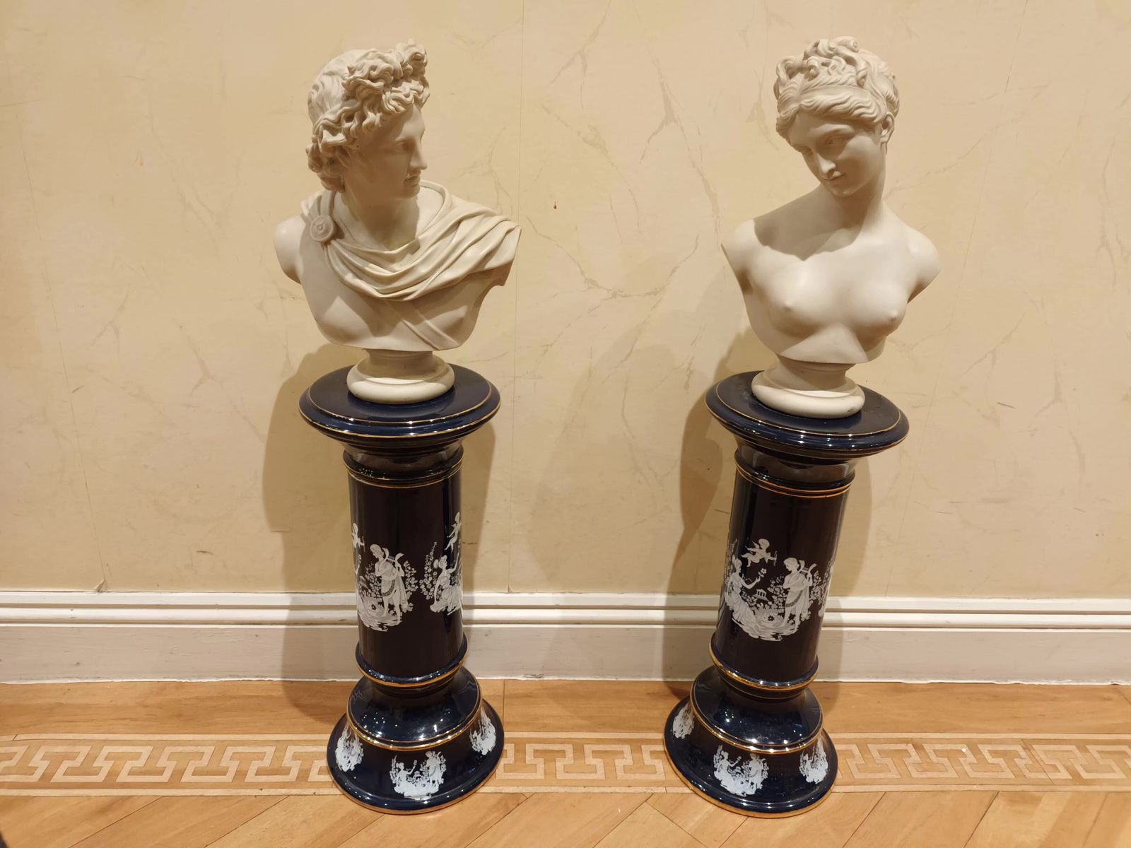 2 X Alabaster Busts Greek God & Goddess On Grecian Gold Painted Porcelain Stands photo Art