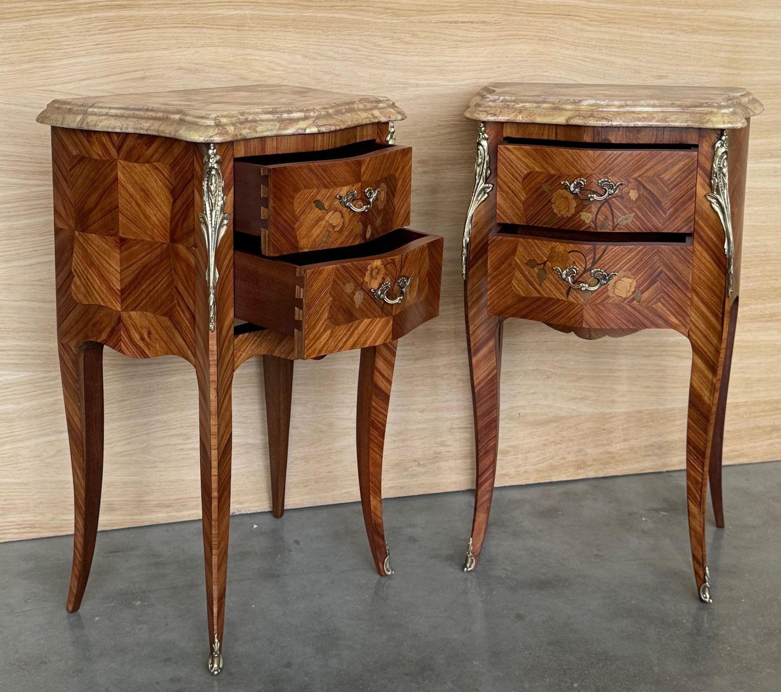 photo furniture Pair Antique French Louis XV Marquetry Marble Top Nightstands With Two Drawers