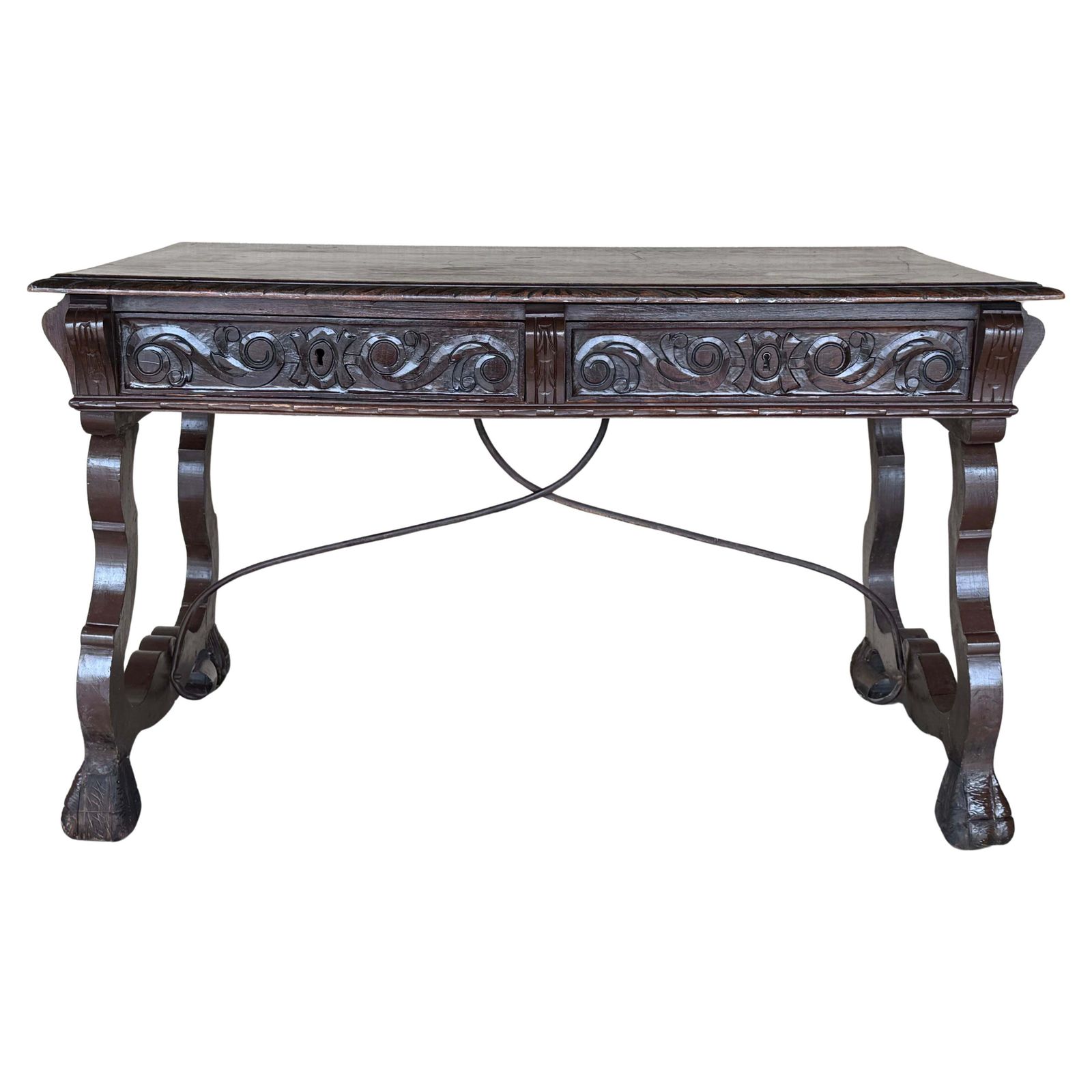 Table de bibliothèque ou bureau de style baroque espagnol en chêne, XIXe siècle, deux faces