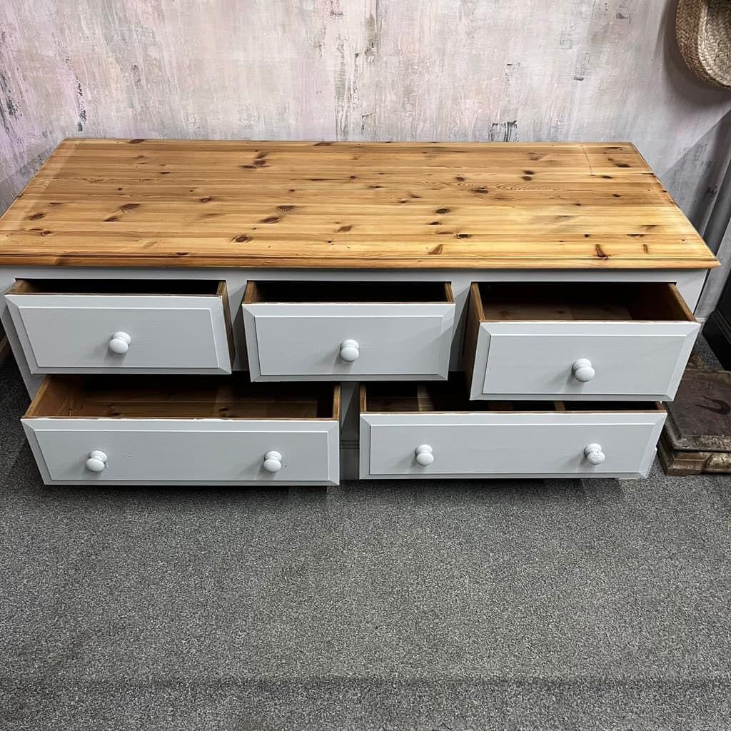 Modern Painted Long Pine Sideboard 5 Drawers Pale Grey Sanded Top Knob Handles photo vinterior