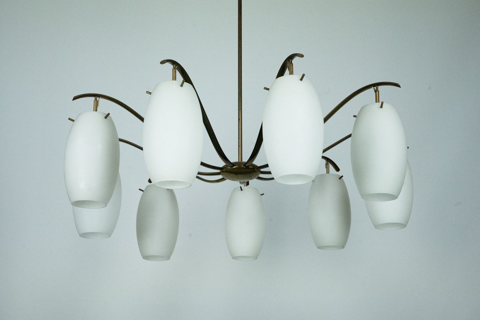 Rare Arredoluce Monza, 9 Light Brass And Opaline Glass Chandelier, Italy 1950s photo furniture