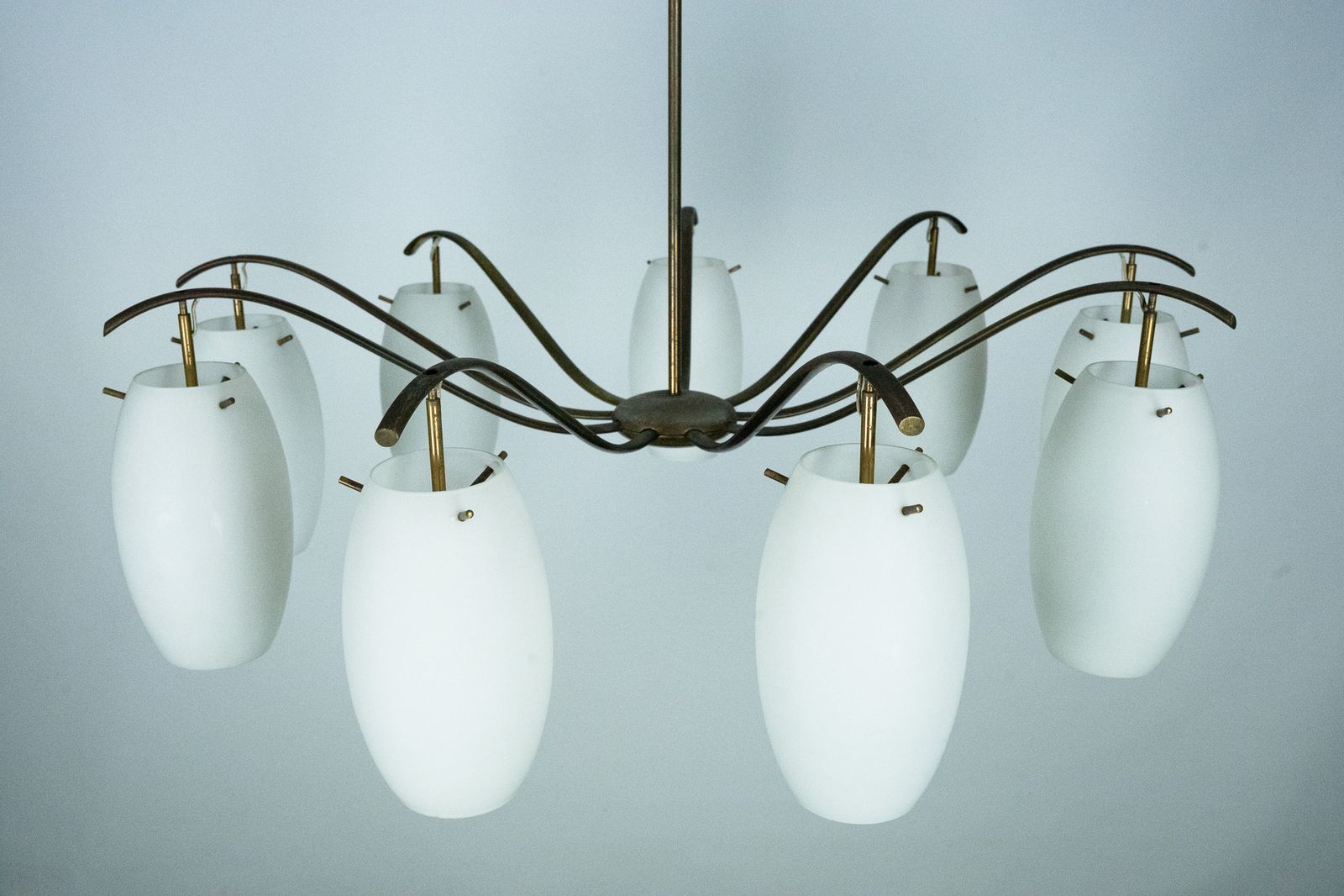 Rare Arredoluce Monza, 9 Light Brass And Opaline Glass Chandelier, Italy 1950s photo Lighting