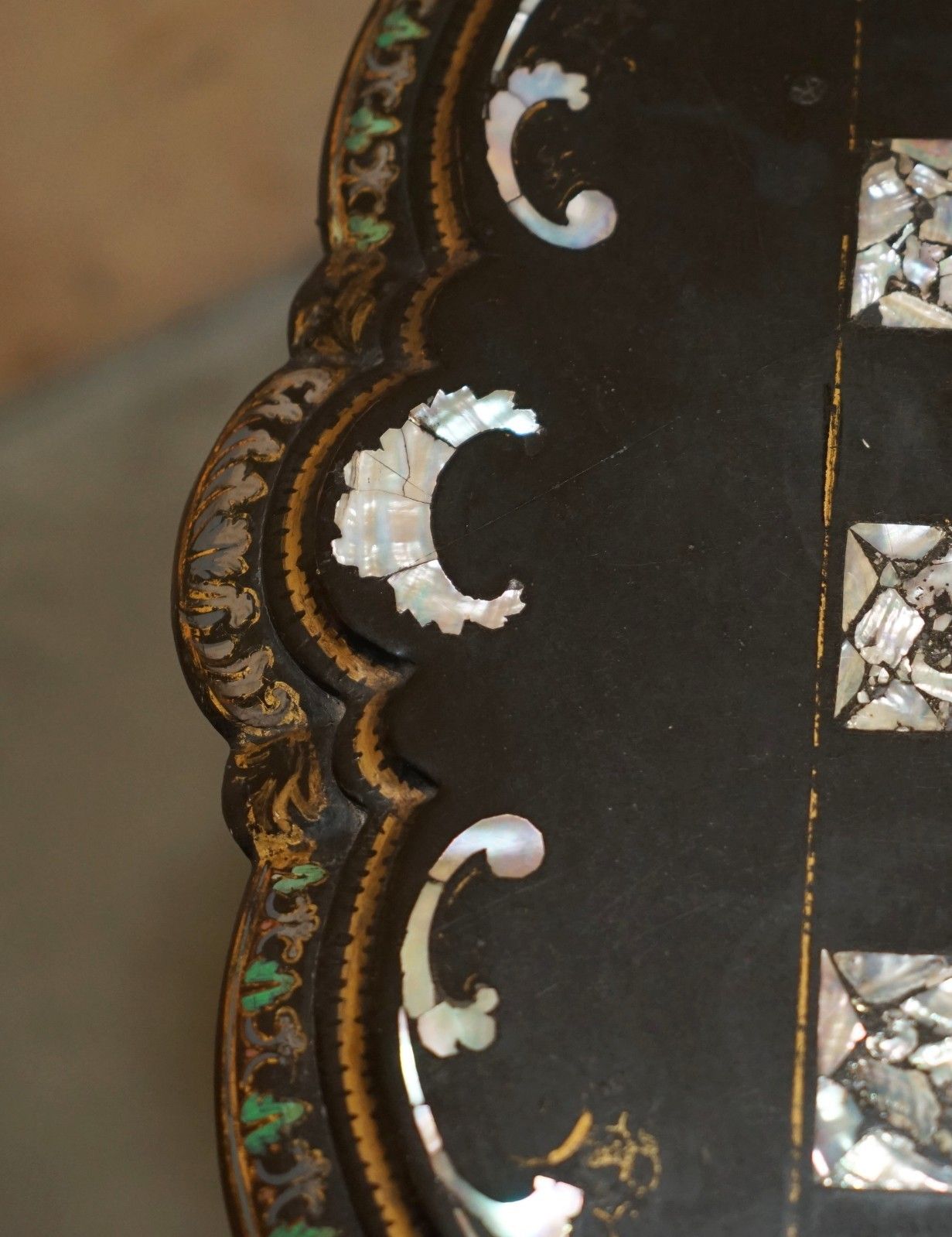 photo for sale Antique Victorian 1860 Black Lacquer Mother Of Pearl Chess Tilt Top Games Table