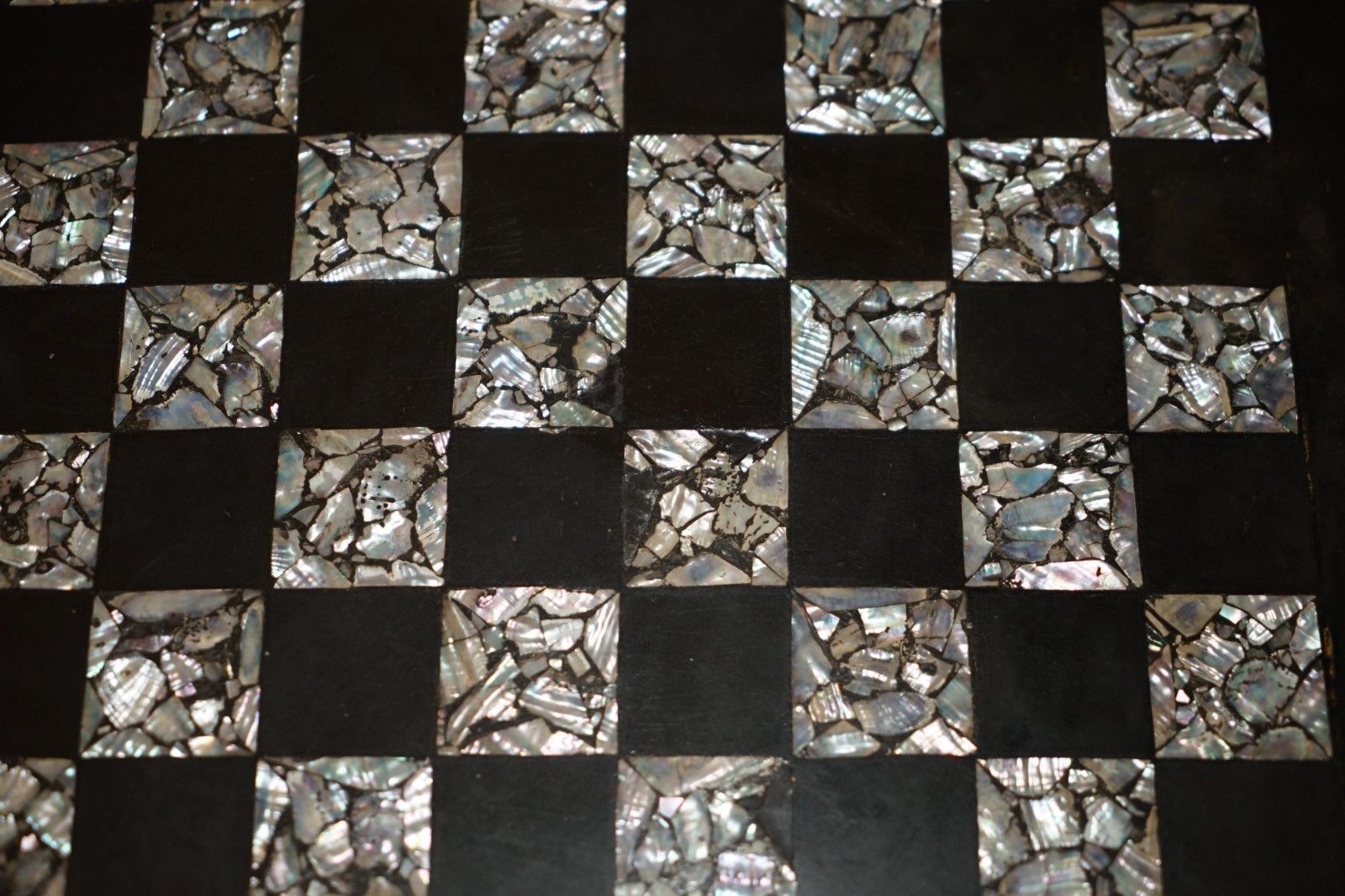 2750.0 Antique Victorian 1860 Black Lacquer Mother Of Pearl Chess Tilt Top Games Table photo