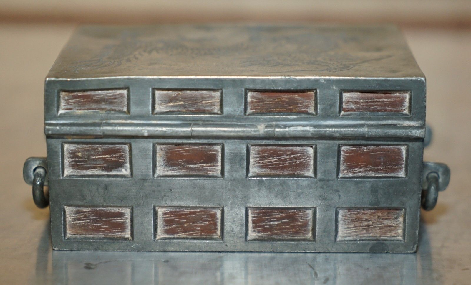 photo for sale Antique Circa 1920 Chinese Kut Hing Pewter & Wood Carved Dragon Jewellery Box