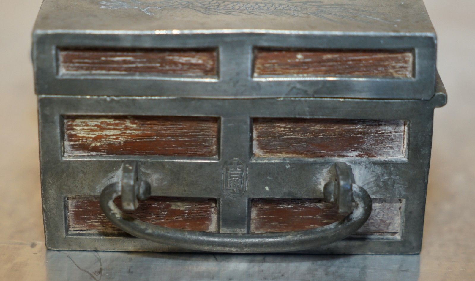 245.0 Antique Circa 1920 Chinese Kut Hing Pewter & Wood Carved Dragon Jewellery Box photo