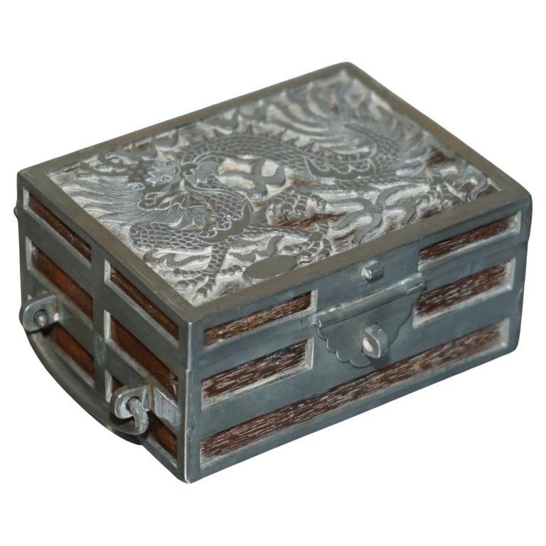 Antique Circa 1900 Chinese Kut Hing Pewter & Wood Carved Dragon Jewellery Box