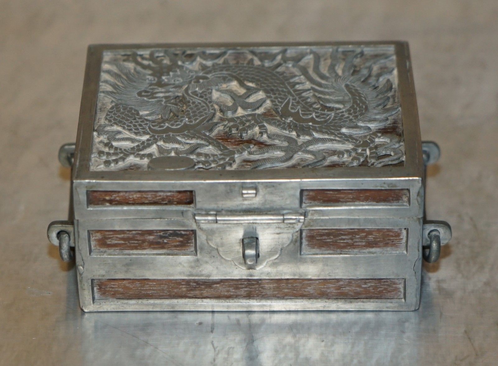 Antique Circa 1900 Chinese Kut Hing Pewter & Wood Carved Dragon Jewellery Box photo for sale