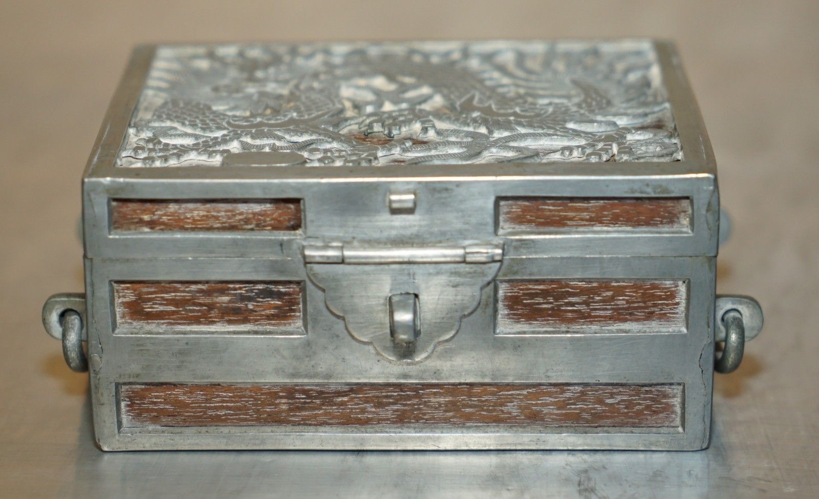 Antique Circa 1900 Chinese Kut Hing Pewter & Wood Carved Dragon Jewellery Box photo buy