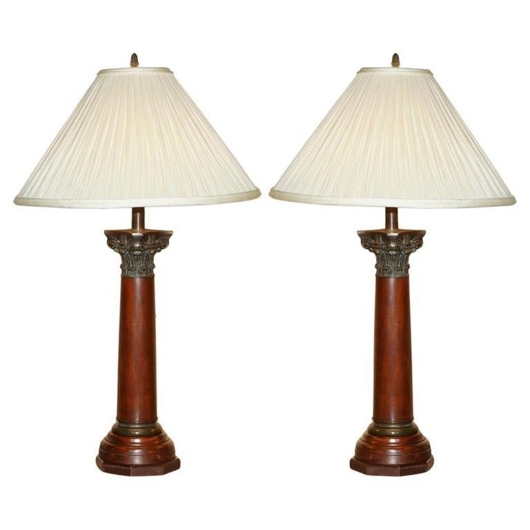 Pair Of Huge 95cm Grand Tour Style Roman Corinthian Pillar Brass Desk Lamps