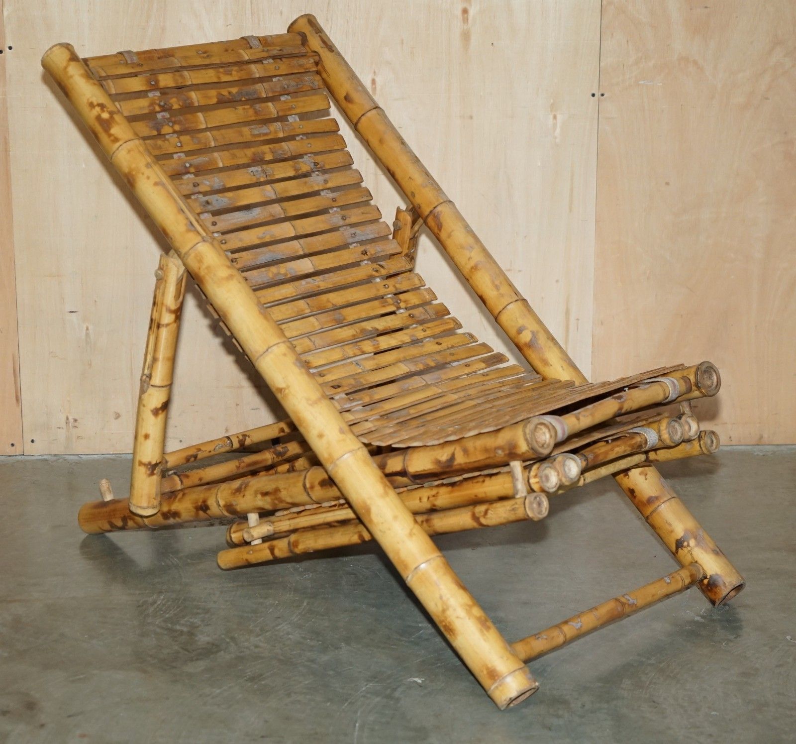 Pair Of Mid Century Modern Cir 1950 Bamboo Reclining Sling Armchairs & Footstool photo buy