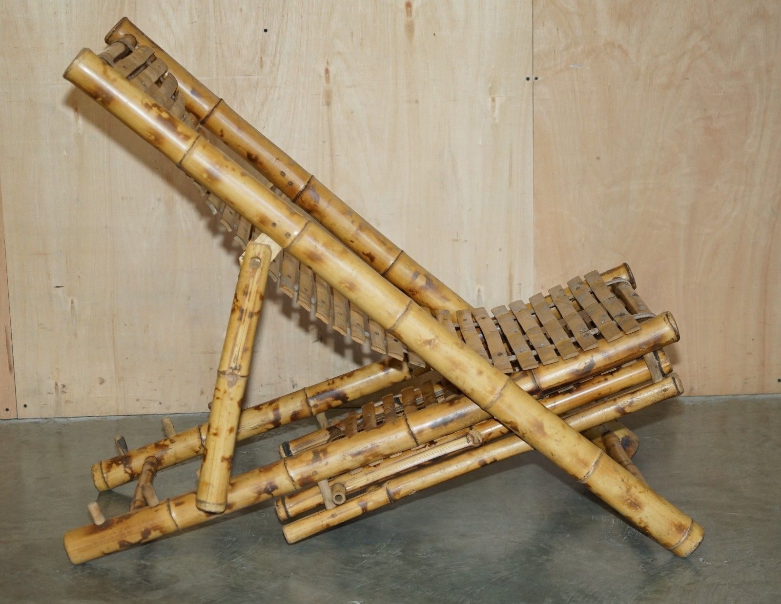 photo for sale Pair Of Mid Century Modern Cir 1950 Bamboo Reclining Sling Armchairs & Footstool