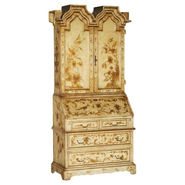 Circa 1900 Venetian Chinoiserie Decorated Parcel Gilt Bureau Bookcase Drawers