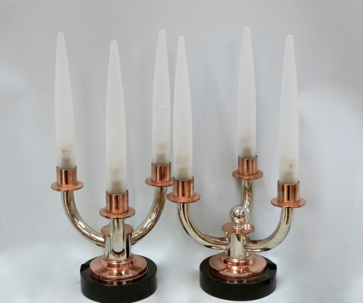 A Pair Of 20 C French Art Deco Nickel And Copper Lamps