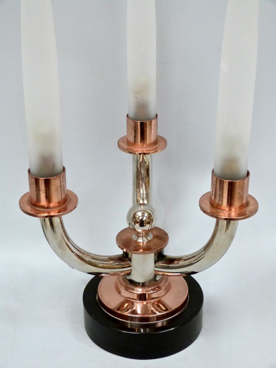 A Pair Of 20 C French Art Deco Nickel And Copper Lamps photo for sale
