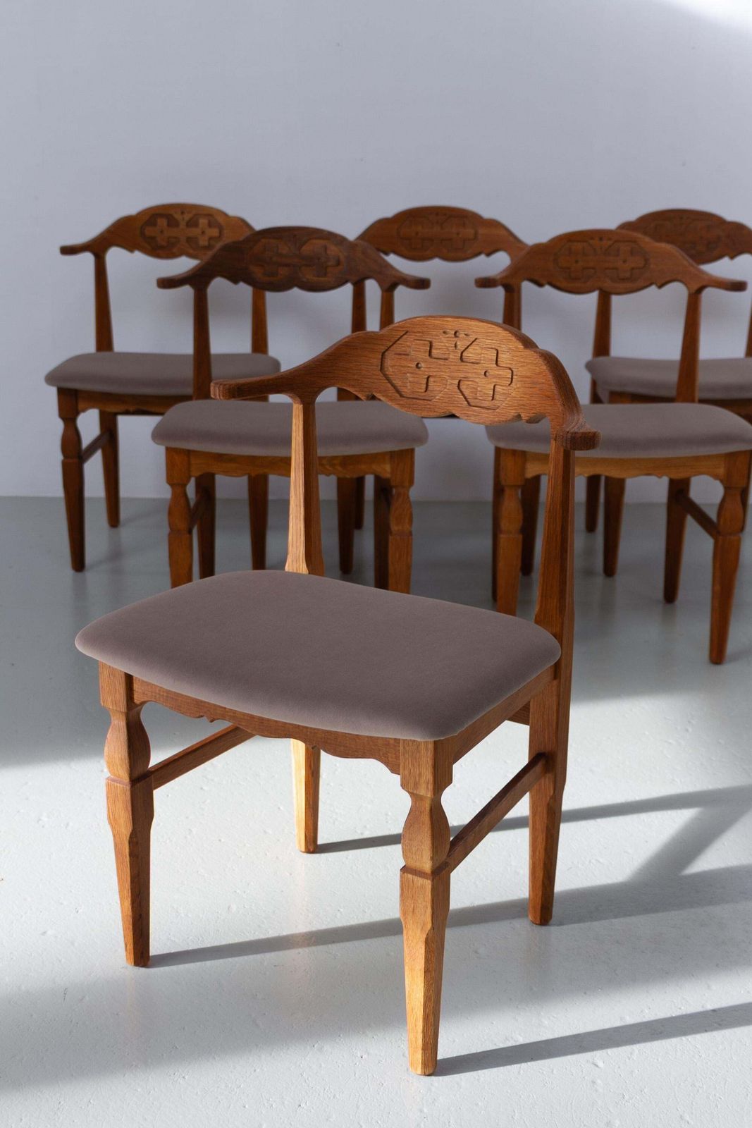 Danish Brutalist Oak Dining Chairs By Henning Kjærnulf, 1960s. Set Of 6. photo for sale