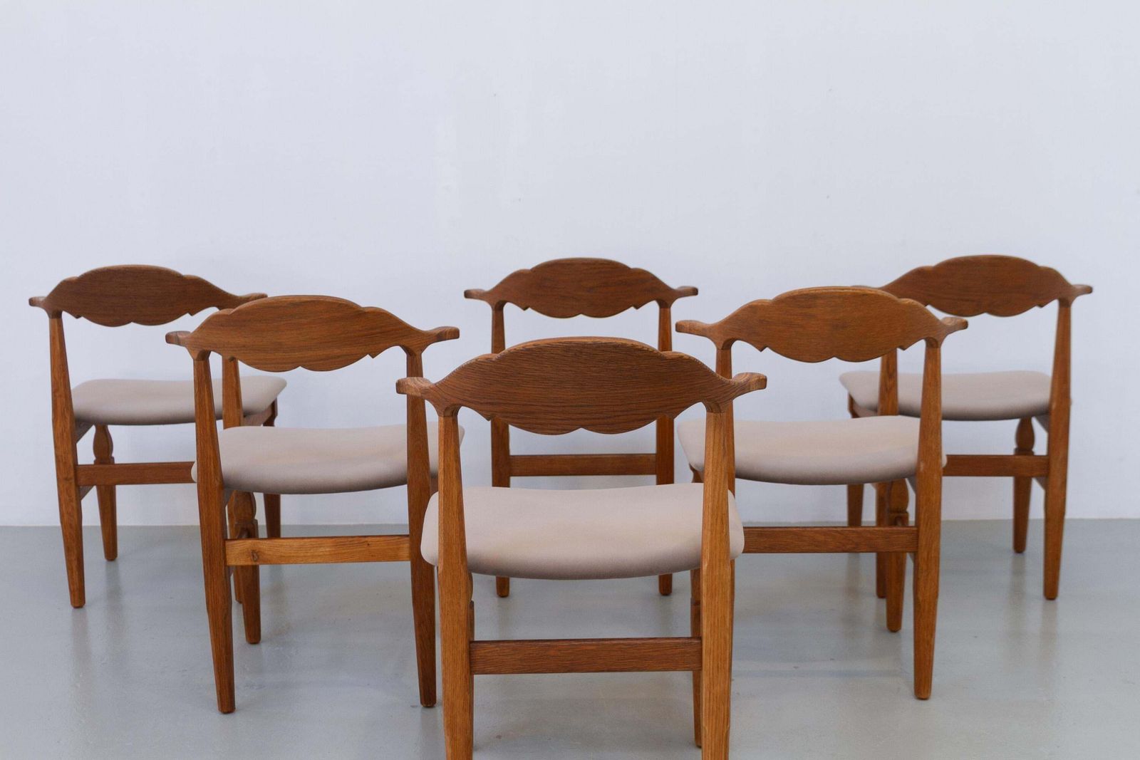 photo for sale Danish Brutalist Oak Dining Chairs By Henning Kjærnulf, 1960s. Set Of 6.