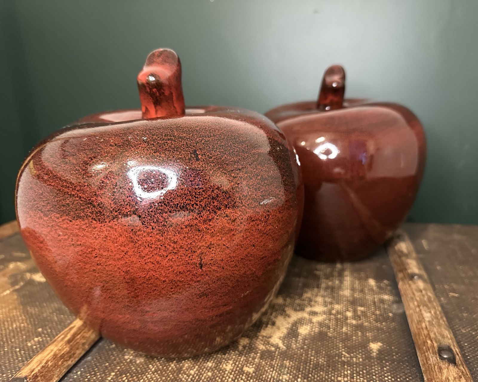 Heavy Vintage Ceramic Apple Bookends Red Glaze Mid Century photo vinterior