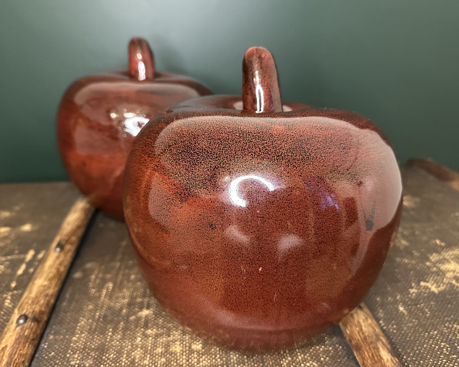 Heavy Vintage Ceramic Apple Bookends Red Glaze Mid Century photo buy